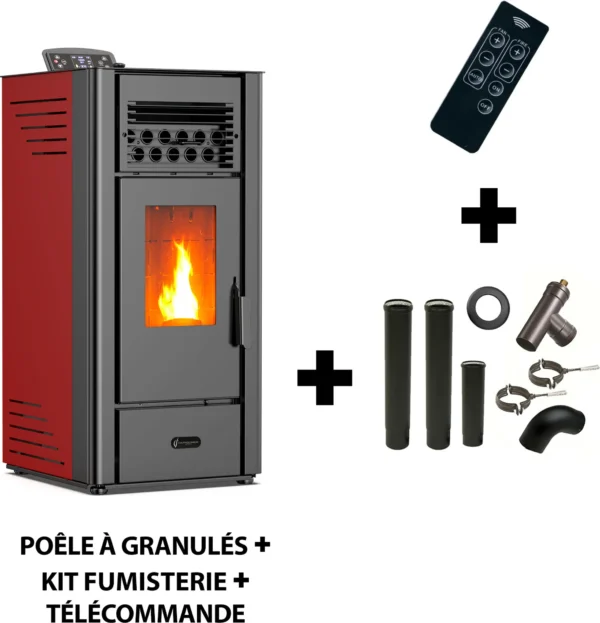Luft- Pelletofen Anita 10 kW Sannover Bordeaux + Kaminbau-Anschluss-Set